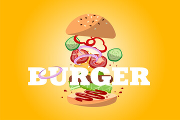  hamburger on  yellow background with inscription Burger. components of cheeseburger. Bread, cutlet, sauce, tomato, cucumber, lettuce, pepper, onion. American fast food