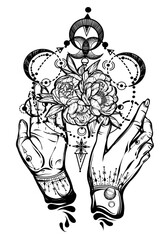 Vector illustration, magical astrology,  Alchemy, spirituality and occultism,magic symbol in hands, Handmade, tattoo, print on t-shirt