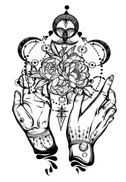 Vector illustration, magical astrology,  Alchemy, spirituality and occultism,magic symbol in hands, Handmade, tattoo, print on t-shirt
