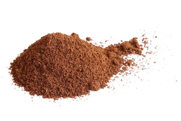 A slide of ground coffee on a light background. A pile of ground coffee is poured. 