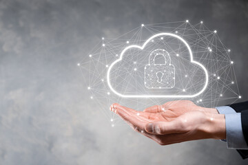 Business man hold,holding cloud computing data and security on global networking,Padlock and cloud icon. Technology of business.Cybersecurity and information or network protection.internet project
