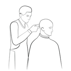 Barber makes a haircut to a client using a trimmer. Line art on white isolated background