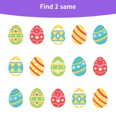 Educational game for children. Find two same. Ornate Easter eggs. Printable page for kindergarten and preschool.