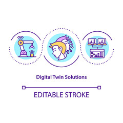 Digital twin solutions concept icon. Robotic technologies. Smart computer. Automation systems abstract idea thin line illustration. Vector isolated outline color drawing. Editable stroke