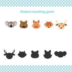 Shadow matching printable worksheet. Educational game for toddlers with animal faces. It can be used for kindergarten and preschool. Children activity page.