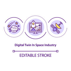 Digital twin in space industry concept icon. Innovational computer systems. Modern automation systems abstract idea thin line illustration. Vector isolated outline color drawing. Editable stroke