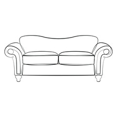 Sofa line drawing on white isolated background