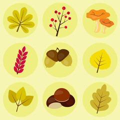 Autumn icons set flat or cartoon style. Design elements with leaves, mushrooms and berries.