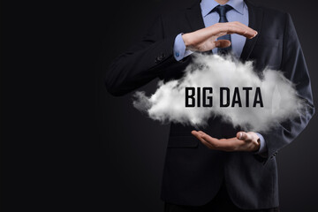 Hand showing a cloud with the words big data on dark background.
