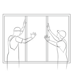 Builders install a window in the house line drawing on white isolated background