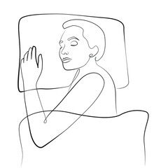 Woman with short hair sleeps on a comfortable orthopedic pillow, top view. Line drawing on white isolated background
