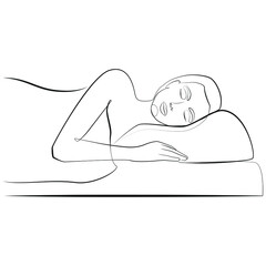 Side view of a young woman with a smile on her face sleeping on a comfortable orthopedic pillow line drawing on white isolated background