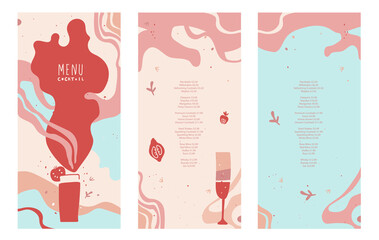 Vector drinks menu design template.  Champagne. Wine. Cocktails. Ingredients for drinks, waves, lines, abstract decorative shapes. List, banner, booklet, flyer, brochure 
