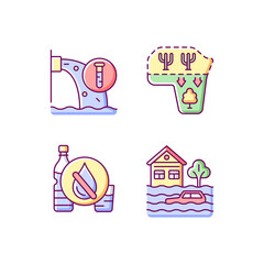 Water stress RGB color icons set. Isolated vector illustrations. Desert expansion. Urban runoff management. Lacking drinking water. Water-related disaster simple filled line drawings collection