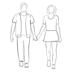 Young man and woman walking holding hands, line art on white isolated background