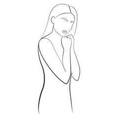 Young beautiful woman presses her hands to her chest line drawing on white isolated background