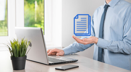 Businessman man holding a document icon in his hand Document Management Data System Business...