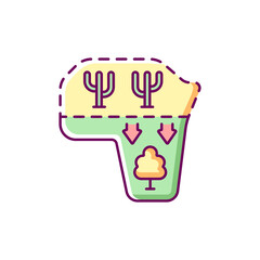 Desert expansion RGB color icon. Isolated vector illustration. Desertification process. Human-caused climate change. High evaporation. Rainfall reduction. Land degradation simple filled line drawing