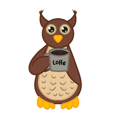 Funny owl with cup of coffee on white background. Vector illustration for use in the design of websites banners clothing posters