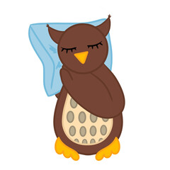 Sleepy owl sleeps on pillow on white background. Vector illustration. Design element for poster label sign emblem menu