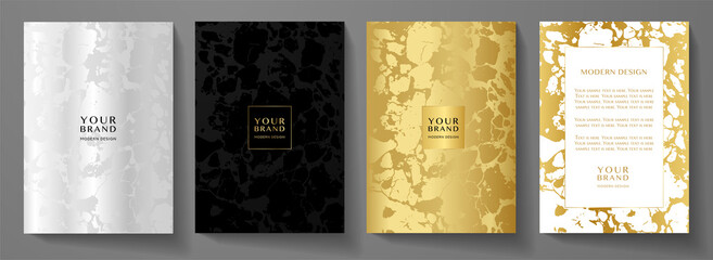 Modern cover, frame design set. Creative premium background with silver, black, gold abstract marble pattern. Luxury vector collection for luxe catalog, brochure template, restaurant menu