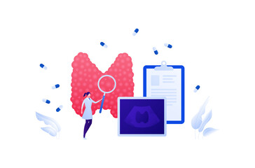 Medical ultrasound procedure concept. Vector flat healthcare illustration. Endocrinology and thyroid diagnostic. Female doctor with magnifier glass and medicine capsule symbol. Design for health care.