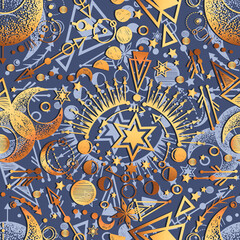 Vector illustration, Alchemy, magical astrology, spirituality and occultism, print on t-shirt, tattoo, Handmade, seamless pattern, gray blue background
