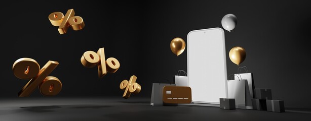 Loyalty program with special offer. Mock up smartphone for online shopping with bonus points, gold credit card, gift bags and boxs, balloons and golden percent sign on black background, 3d web banner