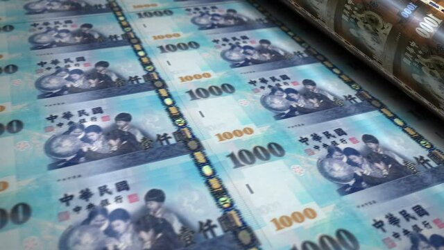 Taiwan Dollar money banknotes printing roll machine. Paper TWD bank note print 3d looping seamless. Abstract concept of banking, debt, income, finance, economy and crisis.
