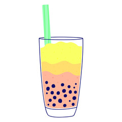 Flat vector illustration of cold Taiwanese milk tea with tapioca in a glass. Isolated design on a white background.