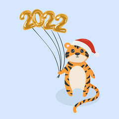 Illustration of cute tiger with golden balloons 2022 isolated on blue background. Illustration for  posters, greeting cards  and seasonal design.