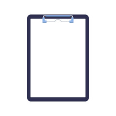 Clipboard with paper sheet blank and blinder clip isolated on white background. Vertical tablet with empty file for checklist, notes, questionnaire. Flat design cartoon style vector illustration.