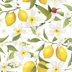 Summer pattern with lemon branch, jasmine flowers and bird. Background with citrus fruits, vector illustration, print.	
