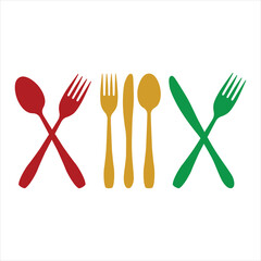 Spoons, forks and knives in various layouts . Kitchen utensil. Vector icon symbol illustration isolated