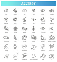 Vector set line icons of allergy. Food and Pollen