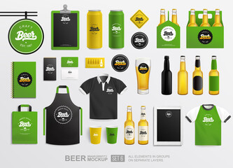Beer brand identity mockup set with logo concept and bottles package. set of glass bottle mockup, Tin Can, packaging box. Beer shop and Pub Branding  mockup set with vintage beer logo. Vector template