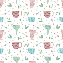 Cute seamless pattern consisting of tea cups, spoons and lumps of sugar