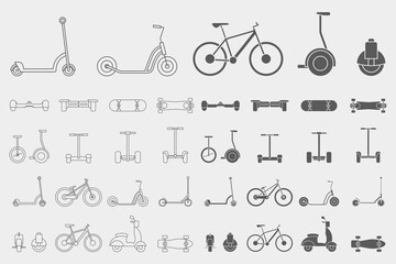 Electric transport Icons set - Vector outline symbols and silhouettes of scooter, skate, skateboard and bike for the site or interface