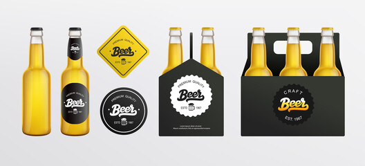 Craft Beer branding set of glass bottle mockup, black packaging box. Beer shop and Pub Branding  mockup set with vintage lettering beer logo. Vector template