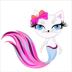 vector cute cat drawn as mermaid for tee print. Cute cat mermaid, vector illustration for children