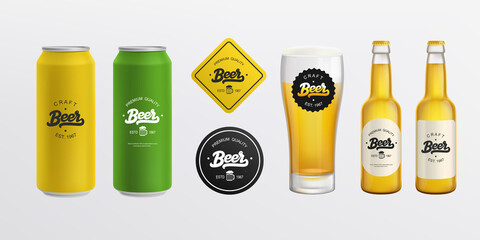 Glass bottle with Tin Can Vintage beer logo on mockup set. Beer shop and Pub Branding  mockup set. Vector template