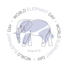 Black single one line drawing of the Elephant with blue spots  isolated on white. One line art design. Vector illustration for World Elephant Day, postcard, banner, web, advirtising, articles.