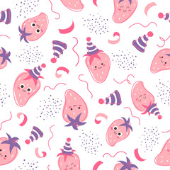 Seamless pattern with happy strawberries, fruit. Serpentine, confetti  and holidays hat, cap isolated on white. Vector illustration. Print for packaging, fabrics, wallpapers, textiles.