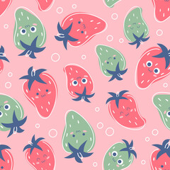 Seamless pattern with happy strawberries, juicy fruit on pink background. Vector illustration. Print for packaging, fabrics, wallpapers, textiles.