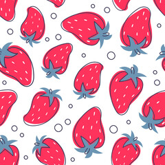 Seamless pattern with red strawberries, juicy fruit, blue leaf  on white background. Vector illustration. Print for packaging, fabrics, wallpapers, textiles.