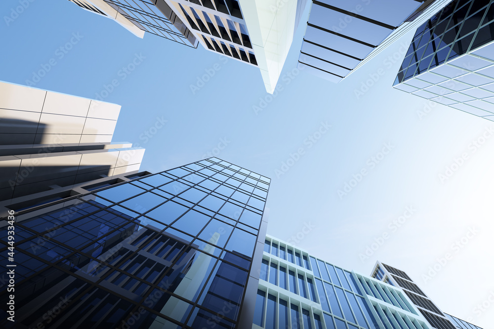Poster low angle view of futuristic architecture, skyscraper of corporate office building, 3d rendering.