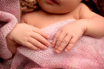 Newborn baby in a pink plaid. Tiny hands, fingers. 