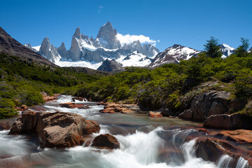 Naklejka na ściany i meble Mount Fitz Roy cerro. Los glaciares National Park, El Chalten, Patagonia Argentina. South america best travel destination for climbing and hiking in the mountains.