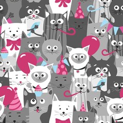 Funny cats, seamless pattern, vector illustration. Cute cats for your birthday. Happy Birthday theme.  Print for children, wallpaper, wrapping paper.