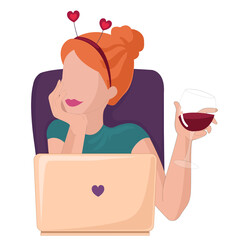 Young woman on online dating. Online chatting and drinking red wine. Flat vector illustration for web, landing page, banner